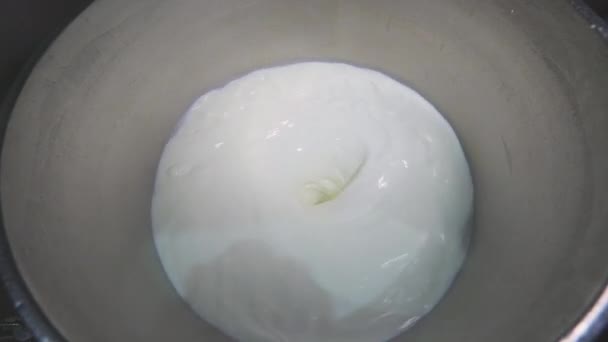 Przygotowanie lodów. Mieszanie mleka w fabryce. Mleko obraca się w dużej beczce — Wideo stockowe