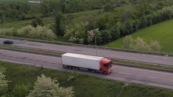 녹색 잔디 위로 보이는 현대 고속도로위에 트럭이 타고 있다. 드론에서 고속 도로에서 트럭을 본 모습. — 비디오