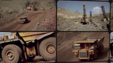 Kömür madenciliği. Bir videoda birden fazla kare. Taş ocağındaki büyük sarı damperli kamyon. Büyük bir demir cevheri ocağında çalışıyorum. Demir cevheri madeninden bir çerçeve seçimi.