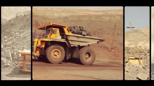 採石場の大きな黄色のダンプトラック。1つのビデオで複数のフレーム。大規模な鉄鉱石採石場で働く。炭鉱鉄鉱石採石場からのフレームの選択 — ストック動画
