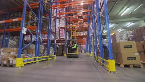 A modern forklift rides through a warehouse. Large modern warehouse. Cargo is transported through the warehouse on a modern forklift — Stock Video