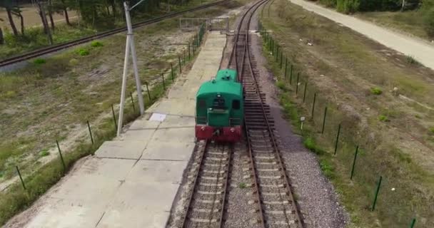 Küçük lokomotif ormanda demiryolu boyunca ilerliyor, yeşil lokomotif orman yolu hava manzarası boyunca ilerliyor. Trenin hareketleri insansız hava aracından çekiliyor. — Stok video