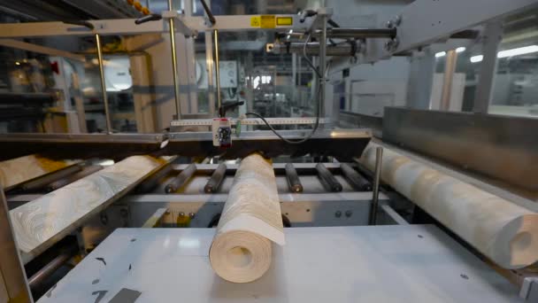 Producción de papel pintado, un rollo de papel pintado en una línea transportadora, el proceso final para la producción de papel pintado — Vídeos de Stock