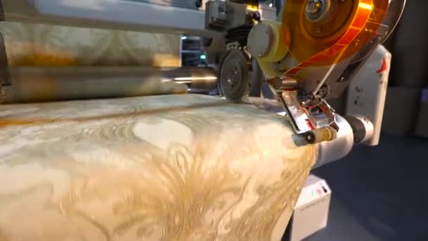 Wallpaper production, wallpaper production process. Industrial interior. Movement of wallpaper on the conveyor line — Stock Video