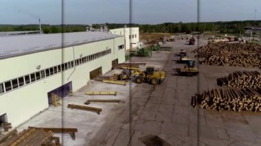 Ahşap fabrikası kolajı çerçeveleri. Ahşap kolajı. Büyük marangoz fabrikası.