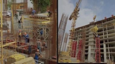 İnşaat alanında çerçevelerden oluşan bir kolaj. Endüstriyel dış. İnşaat alanında inşaat işi. İnşaat alanında işçiler, inşaat alanında inşaatçılar.