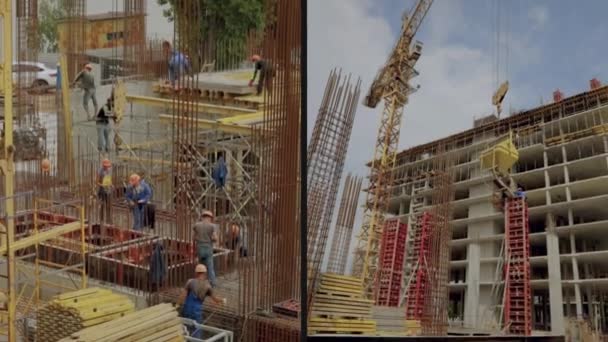A collage of frames at a construction site. industrial exterior. Construction work at the construction site. Workers at a construction site, builders at a construction site — Stock Video