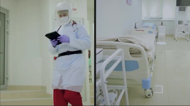 Moderne kliniek collage. Multiwindow video ziekenhuis. Moderne ziekenhuis collage — Stockvideo