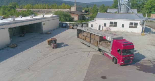 Truck loaded with wood at a woodworking factory. Carriage of timber. Premises for forced drying of wood. Modern drying chambers at a woodworking plant. Industrial exterior — Vídeo de stock