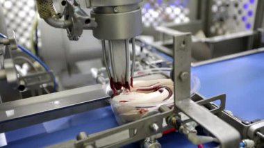 Üretim robotu. Robot üretimi. Dondurma fabrikasında modern teknoloji. Endüstriyel robot. Modern dondurma üretimi. Bir fabrikada otomatik taşıyıcı.