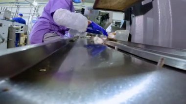 İşçi dondurmayı taşıyıcının üzerine doğru sırayla koyuyor. Taşıyıcı üzerinde çalışan bir işçi dondurma serer. Fabrikada dondurma üretimi..