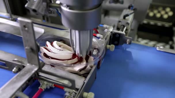 현대 아이스크림 생산. 공장에서 자동화 된 컨베이어. 아이스크림 공장에서의 현대 기술 — 비디오