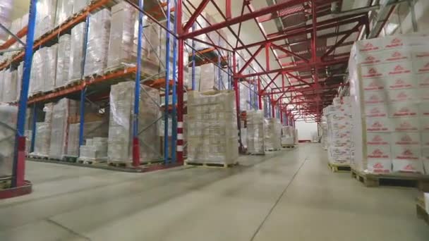 Large modern warehouse with goods without people. The camera moves through the factory warehouse. Modern warehouse, industrial interior — Vídeos de Stock
