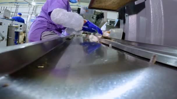 L'operaio stende il gelato sul trasportatore con le mani in ordine. Un operaio su un trasportatore stende un gelato. Produzione di gelato in fabbrica. — Video Stock