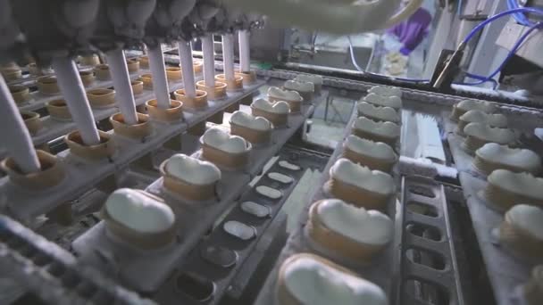 Processen att göra glass. Produktion av glass på en automatiserad transportör. Framställning av glass — Stockvideo