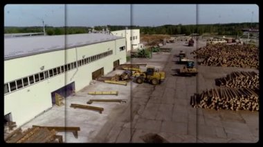 Ahşap fabrikası kolajı çerçeveleri. Ahşap kolajı. Büyük marangoz fabrikası.