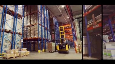 Büyük, modern bir depoda iş akışı. Bir videoda modern bir depodan birkaç fotoğraf. Endüstriyel iç mekan. Modern depo, çoklu pencere videosu. Modern bir depoda forklift.