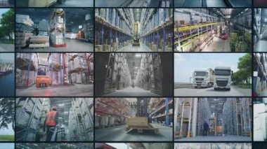 Modern depo kolaması. Büyük bir depoda çoklu ekran video işi. Fabrikada modern bir depo. sanayi açıcı