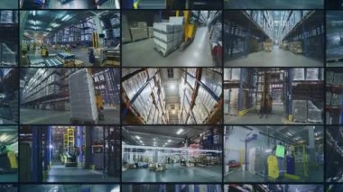 Büyük bir depoda çoklu ekran video işi. Sanayi açılışı. Fabrikada modern bir depo. Fabrikanın çoklu ekran videosundaki depo. Modern depo kolaması.