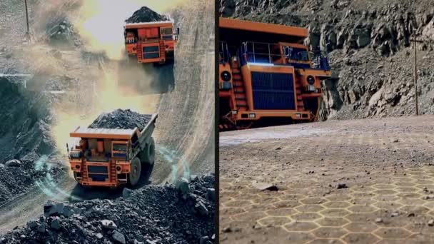 석탄 채굴 미래 그래픽. 하나의 비디오 기술 시각화의 다중 프레임. 채석장에 있는 커다란 노란 덤프 트럭. 철로 된 광석 채석장에서 만들어 진 골조들 — 비디오