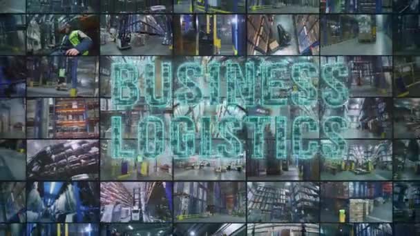 Multiscreen collage modern warehouse. Business logistics infographic. Transportation of goods in the warehouse. Special equipment in modern warehouse collage — Vídeo de Stock