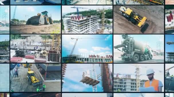 Construction work at the construction site collage. multiwindow video. Workers at a construction site. A collage of frames at a construction site. industrial exterior. Builders at a construction site — Vídeo de stock