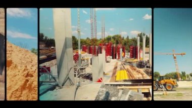 İnşaat alanı kolajında inşaat işi. Çoklu pencere videosu. İnşaat alanında çalışanlar. İnşaat alanında çerçevelerden oluşan bir kolaj. Endüstriyel dış. İnşaat alanında inşaatçılar