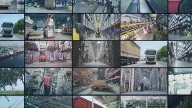 Modern depo kolaması. Büyük bir şirkette lojistik. Bir videoda lojistik işlem. Büyük bir depoda çoklu ekran video işi. Fabrikada modern bir depo. sanayi açıcı