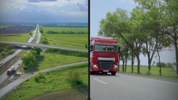 Lastbil kör nerför motorvägen collage. Multifönstervideo för godstransport. Järnvägstransport — Stockvideo