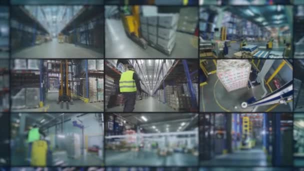 Warehouse at the factory multiscreen video. Modern warehouse in a factory. Videos opener production. Modern warehouse collage. Multiscreen video work in a large warehouse. industry opener — Wideo stockowe