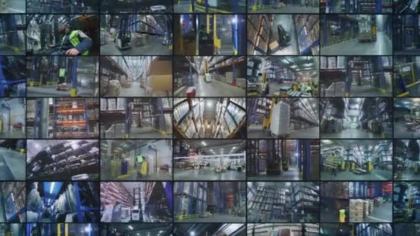 Video wall montage industrial production. Modern warehouse collage. Multiscreen video work in a large warehouse. Modern warehouse in a factory. industry opener — Stock Video