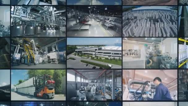 近代的な倉庫コラージュ。大規模な倉庫でマルチスクリーンビデオ作業。工場内の近代的な倉庫。産業界の開幕 — ストック動画