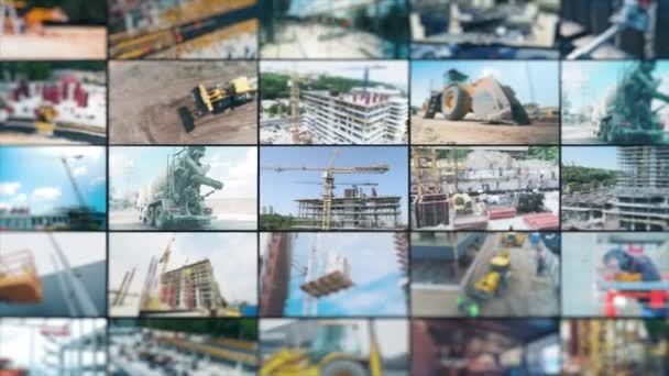 Construction site multiscreen video. Modern building collage. Modern building site. Construction equipment at the construction site — Stock Video