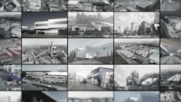 Exterior of modern factory video collage. Industry multiscreen video. Industrial video collage. modern factory — стоковое видео
