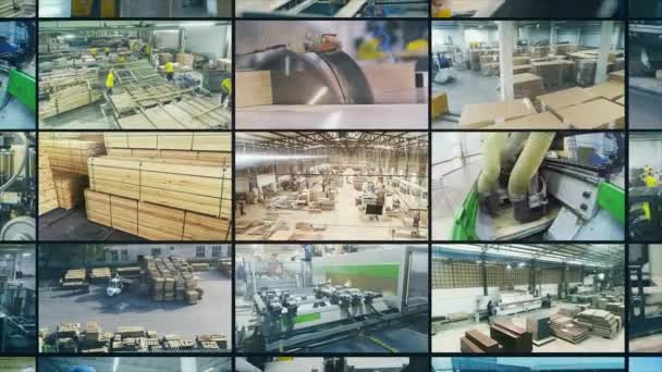 Große Holzverarbeitungsfabrik. Rahmen einer holzbearbeitenden Fabrikcollage. Holzcollage. — Stockvideo