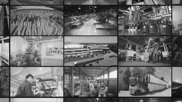 Modern multiscreen video factory. Interior of a modern factory. Industrial video collage — Video
