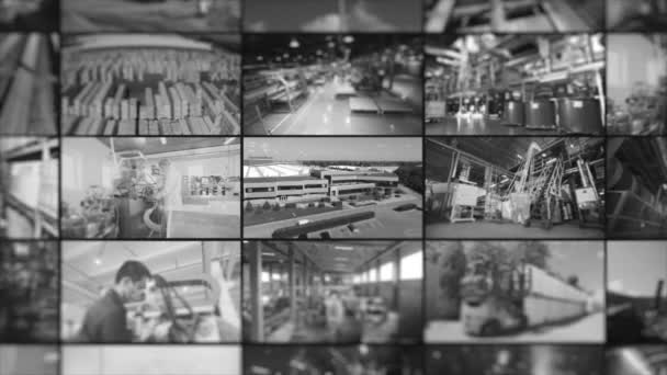 Modern multiscreen video factory. Exterior of a modern factory. Industrial video collage — Stock Video