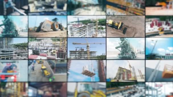 Construction site multiscreen video. Construction equipment at the construction site. Modern building site. Modern building collage. — Wideo stockowe
