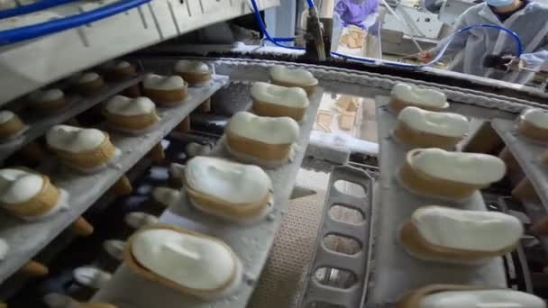 アイスクリーム製造プロセス。工場で冷凍した後のアイスクリーム。工場でカップにアイスクリームを作る. — ストック動画