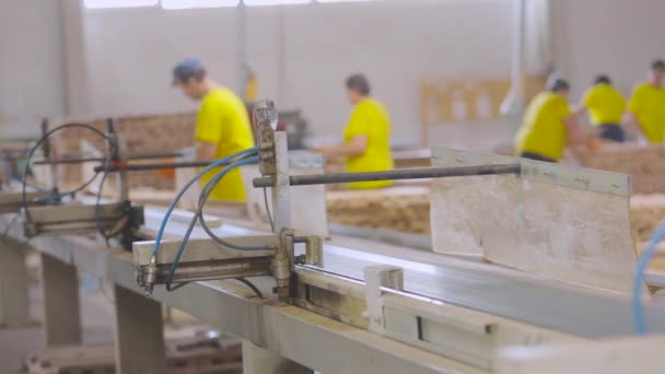 Proceso de trabajo en una fábrica de muebles. La gente trabaja en la cinta transportadora de una fábrica de muebles — Vídeos de Stock