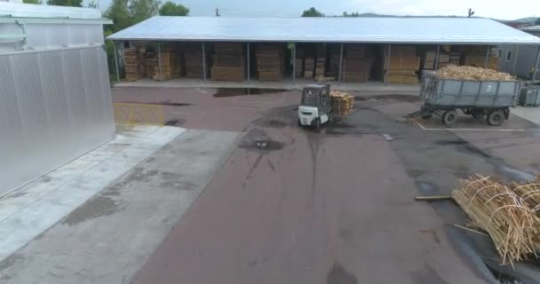 Chariot élévateur transporte du bois à travers le moulin. La théorie d'une usine de travail du bois, vue de dessus. Des machines spécialisées sillonnent le territoire de l'usine — Video