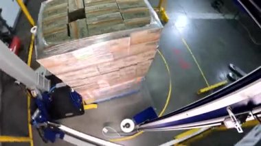 Palet ambalaj makinesi. Plastik film kutularını paketliyorum. Kutu germe ambalaj makinesi. Kutuları bir çemberde plastik bir filme sarmak için makine.