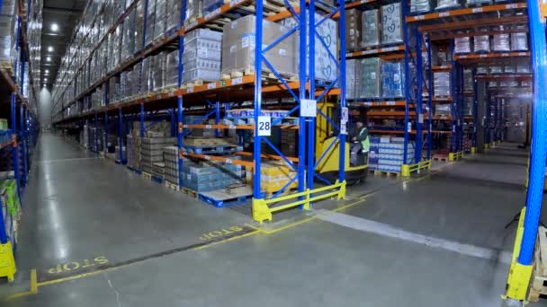 Forklifts go through the warehouses of the factory. Industrial interior. Working in a large warehouse. Long rows of goods in the warehouse — Video