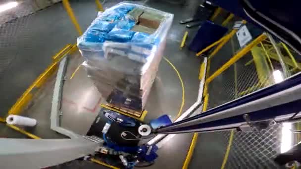 Packaging boxes in plastic film at the factory. A special machine wraps boxes in polyethylene film — Stock Video