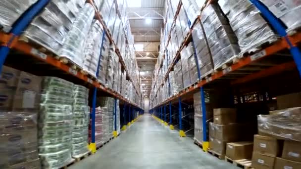 The camera moves along the rows of a large warehouse. Industrial interior. Interior of a modern warehouse in a factory. — Vídeos de Stock