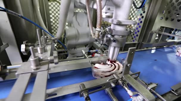 Modern technology at the ice cream factory. Industrial robot. Modern production of ice cream. Automated conveyor in a factory. — Stock Video