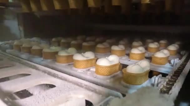 Процесс производства мороженого. Делать мороженое в чашке на заводе. Мороженое после замерзания на заводе. — стоковое видео