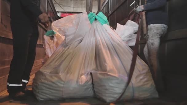 Väskor med metallkulor lastas i en lastbil. Processen att lasta metallkulor i en lastbil. industriinredning — Stockvideo