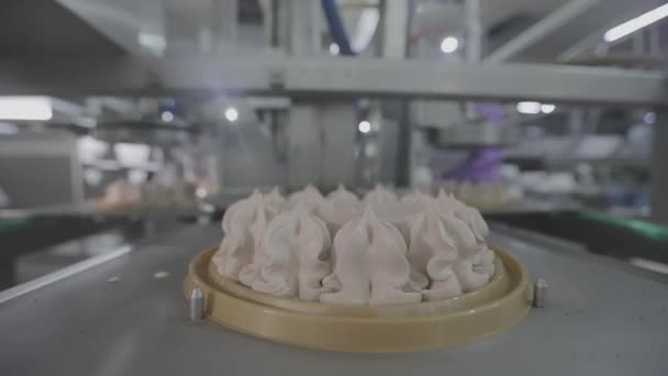 Produktion av tårtor. Produktion av kakor i en modern fabrik. Tårta på transportörlinjen. Processen för automatiskt skapande av kakor — Stockvideo