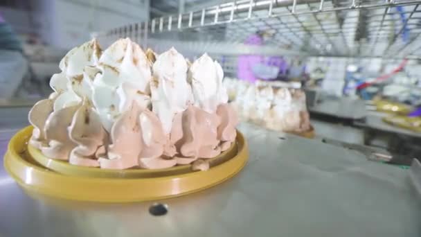 Cakes on a conveyor belt. Large automated production of cakes. Making an ice cream cake. Food production — Stock Video